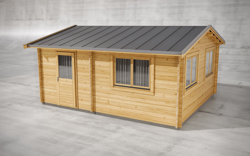 Grey steel roofing for log cabin house without cladding