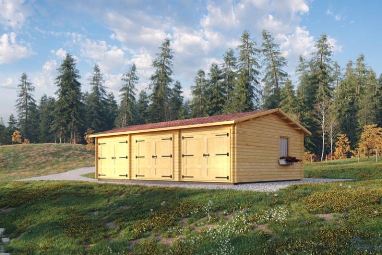 Violet nook. Wooden garage. NIDA LOG HOUSES